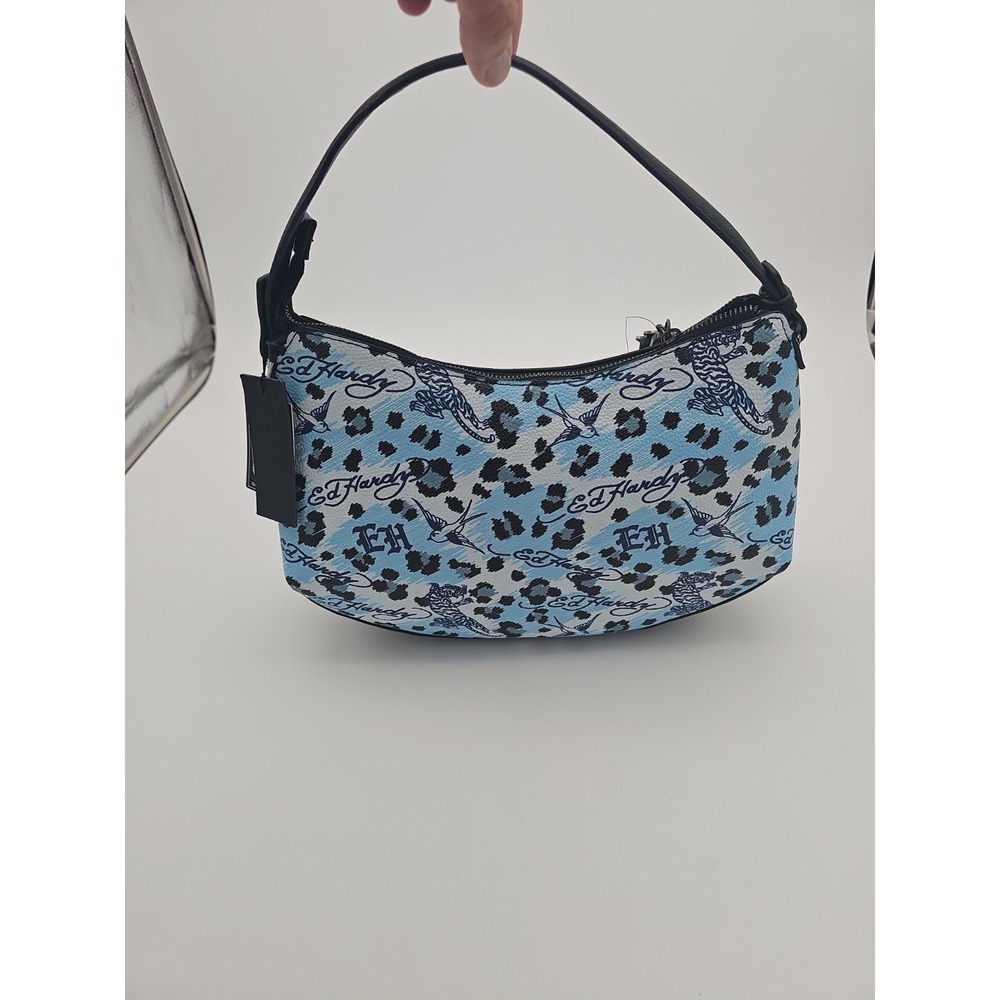 NWT Ed Hardy Studded Shoulder Bag - Blue Cheetah - Birds & Tigers - Picture 2 of 4